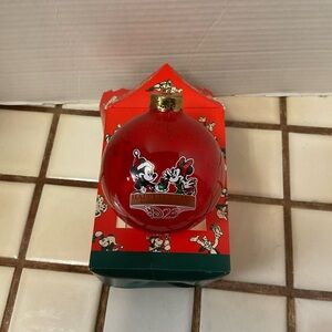 Disney Red D23 Glass Ornament with Mickey and Minnie